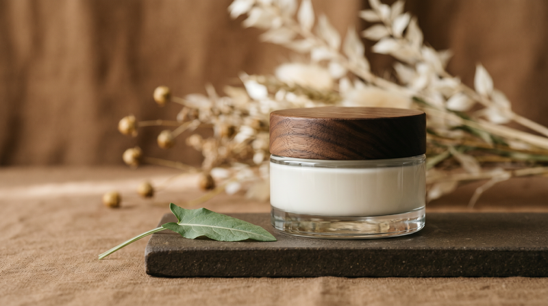 Elegant glass cream jar with dried foliage in a warm cognac-toned still life, refined and age-positive
