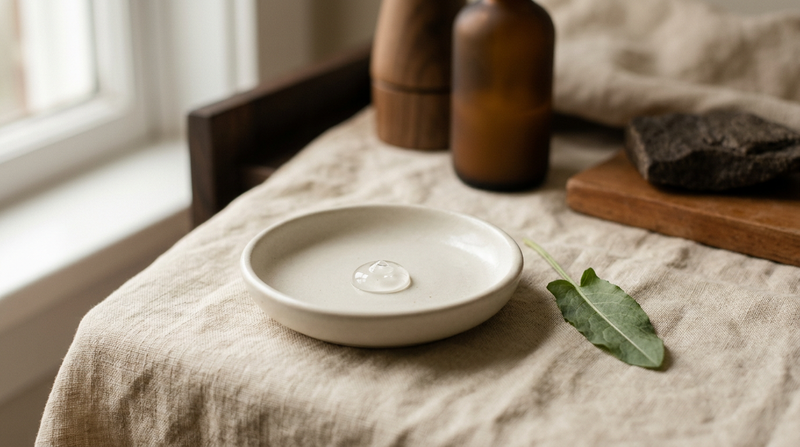 Minimalist still life of a moisturizer texture in soft daylight, warm neutral palette