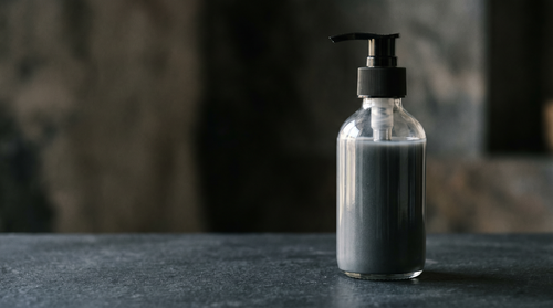 Clear glass pump bottle of charcoal-grey cleanser on dark matte stone.