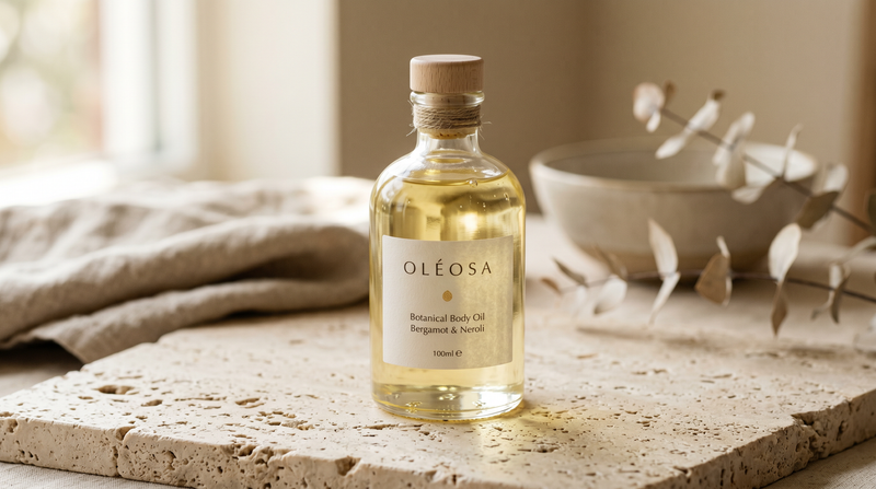 Editorial skincare product photograph — mineral oil in skincare.
