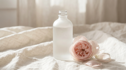 Frosted glass bottle of rose-water toner beside a single pink rose.