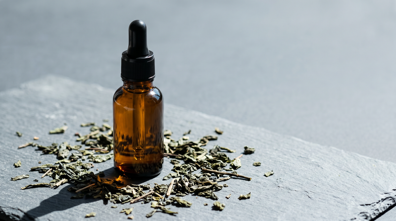 A single amber glass dropper bottle on cool grey slate with loose green tea leaves scattered around it in hard directional light