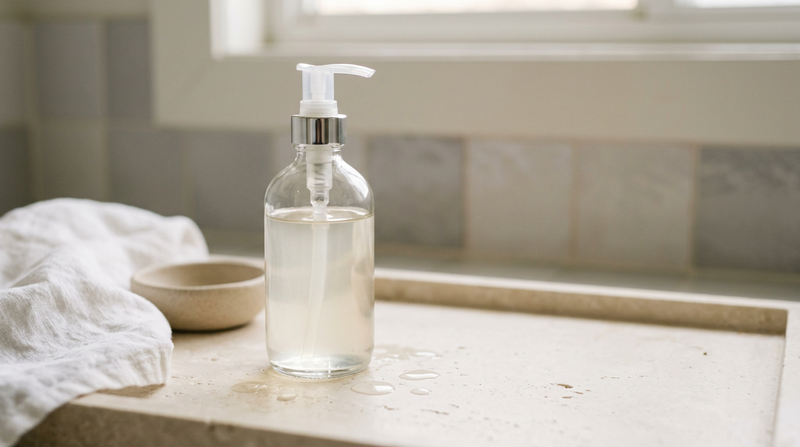 Clear glass pump bottle of gel cleanser on a soft neutral surface.