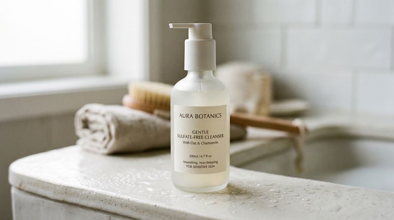 Editorial skincare product photograph — sulfates and the skin barrier.