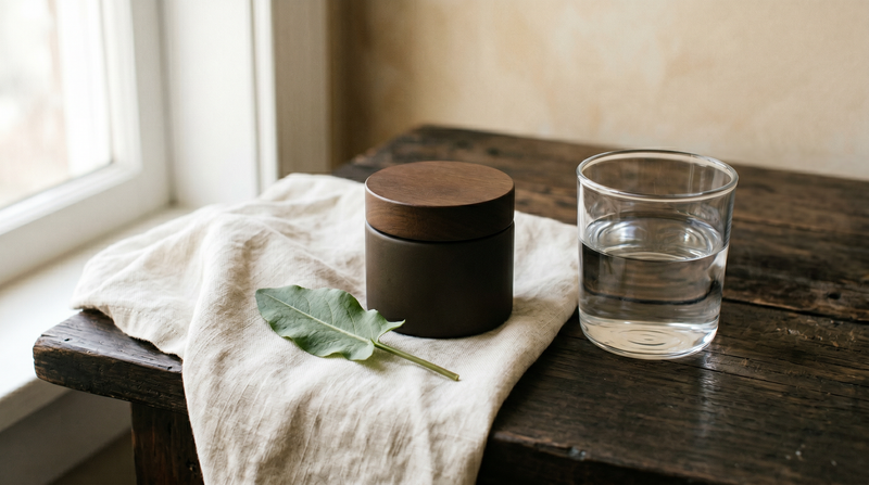 Folded ivory linen, a closed unmarked jar, and a glass of water in soft morning light, calm and clean