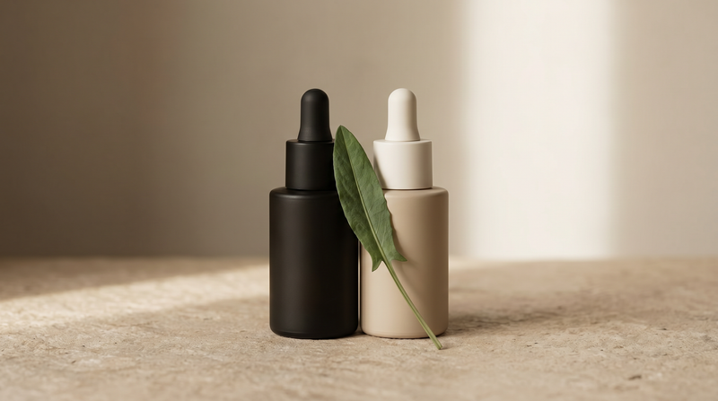 Serum and gel still life for breakout-prone skin, warm neutral palette
