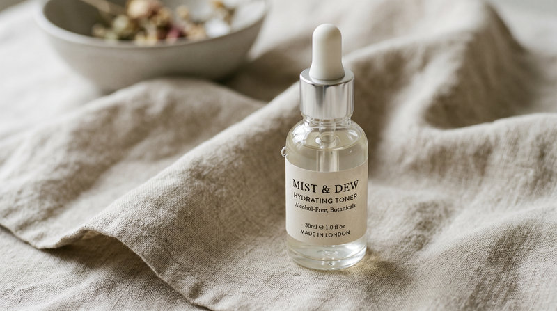 Editorial skincare product photograph — denatured alcohol in skincare.