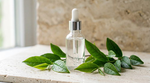 Clear glass dropper bottle of lightweight serum beside fresh green-tea leaves.