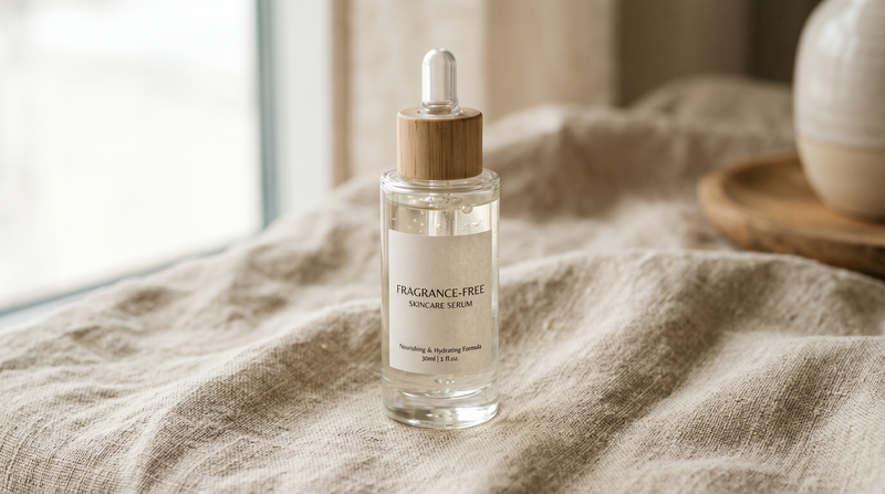 Editorial skincare product photograph — phthalates and fragrance-free formulation.