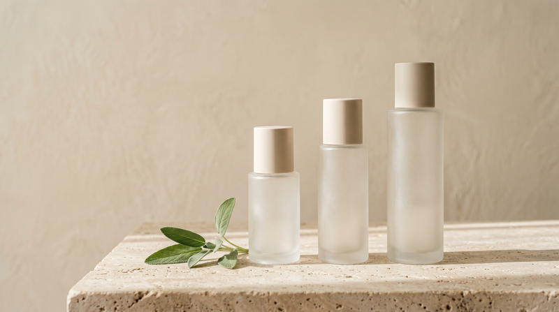 Three frosted glass skincare vessels in ascending height on pale travertine stone, soft morning sidelight and a single sage sprig