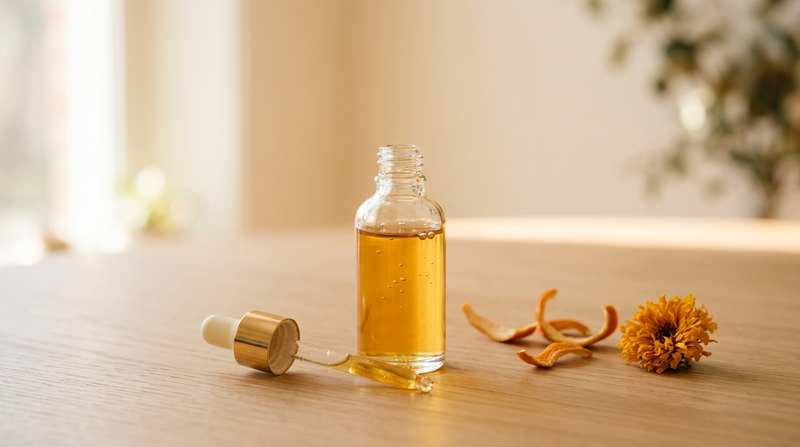 Clear glass dropper bottle of vitamin C serum on a neutral surface.