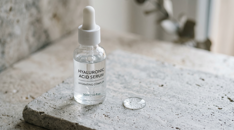 Editorial skincare product photograph — hyaluronic acid and hydration.