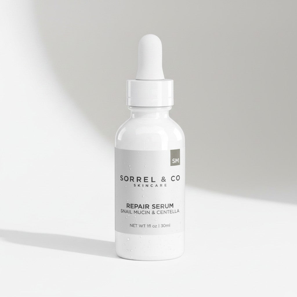 "Sorrel & Co Repair Serum with Snail Mucin & Centella, a white dropper bottle with grey label."
