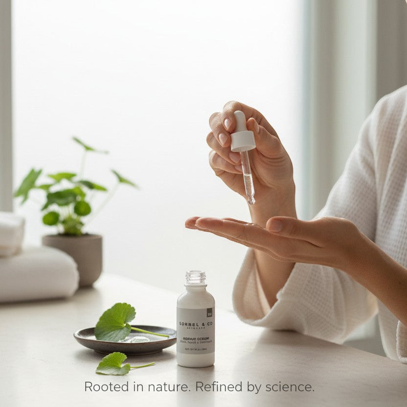 "Sorrel & Co Repair Serum with snail mucin and centella, dispensed from dropper into palm."