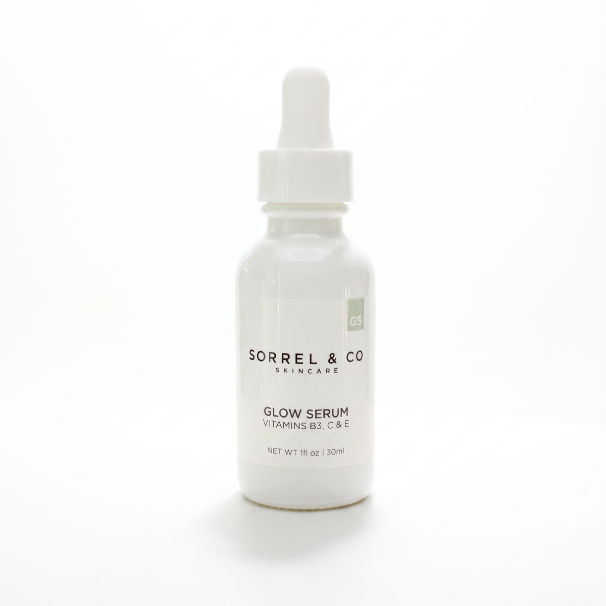 Glow Serum with Vitamins B3, C & E on a white background