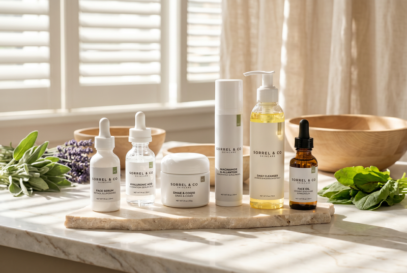 Sorrel & Co skincare collection — six products on a warm neutral background